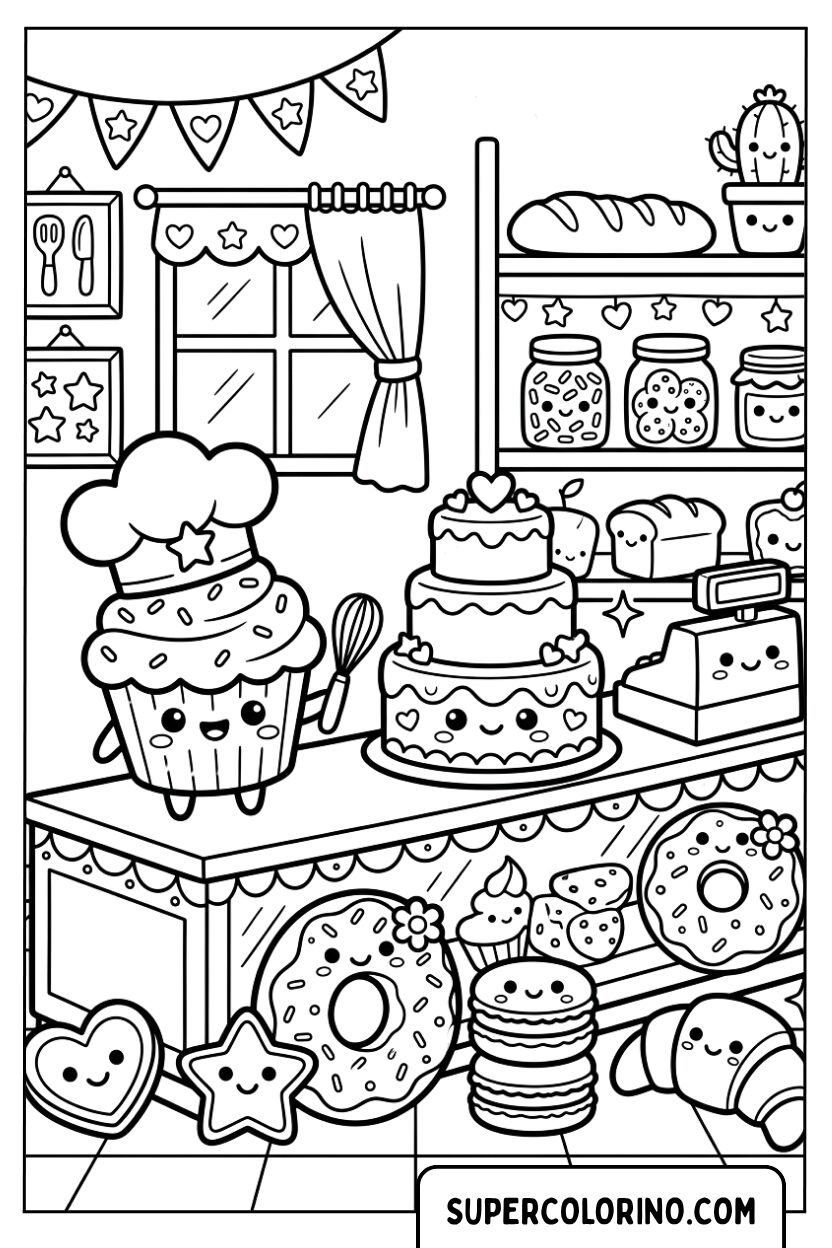 Disegno di una pasticceria di cibo kawaii da colorare