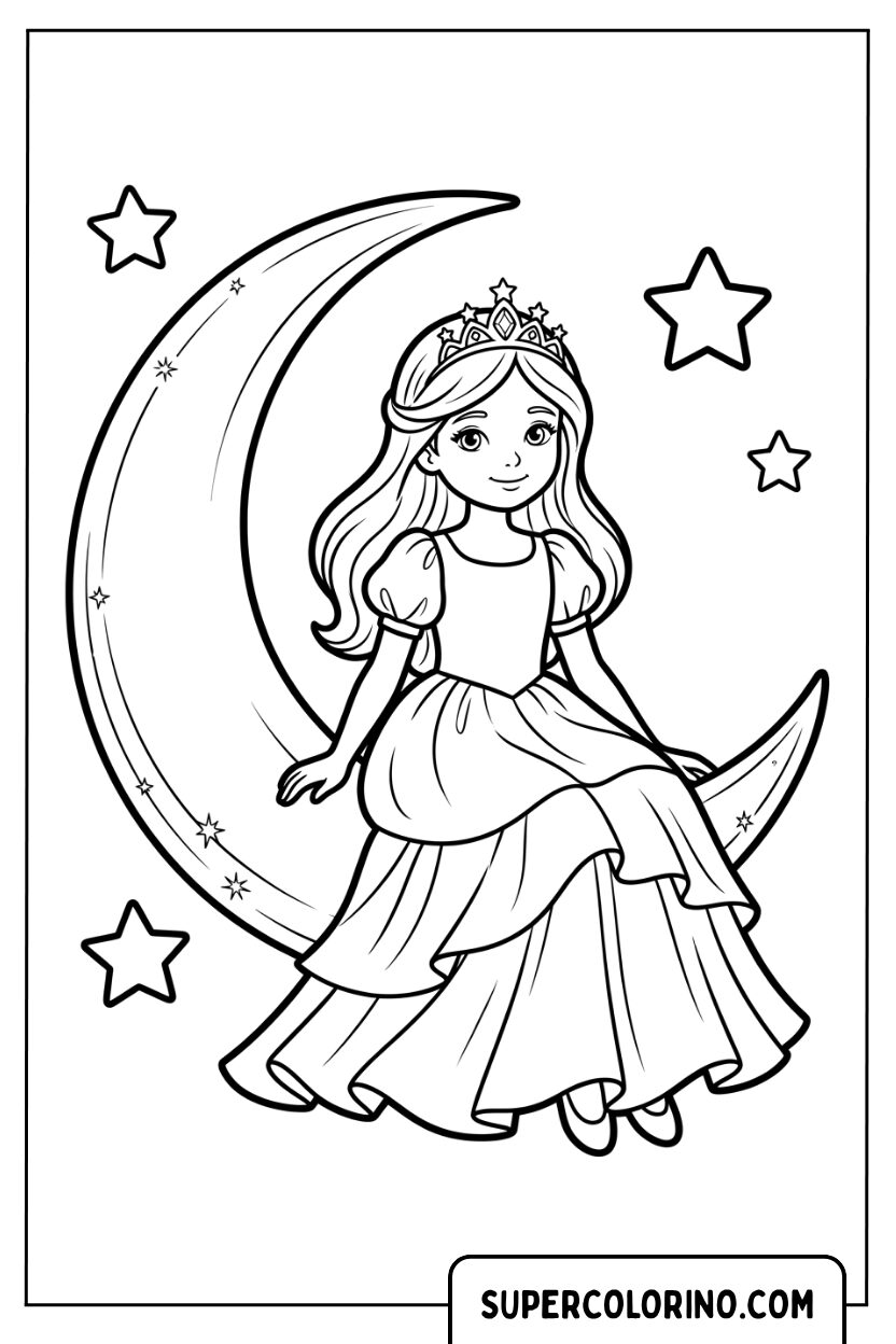 Disegno di una principessa seduta sulla luna da colorare
