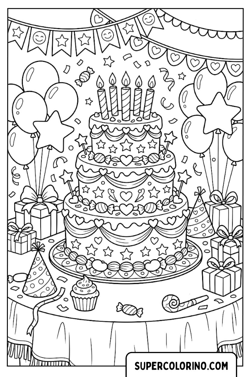 Disegno di una torta di compleanno a tre piani da colorare