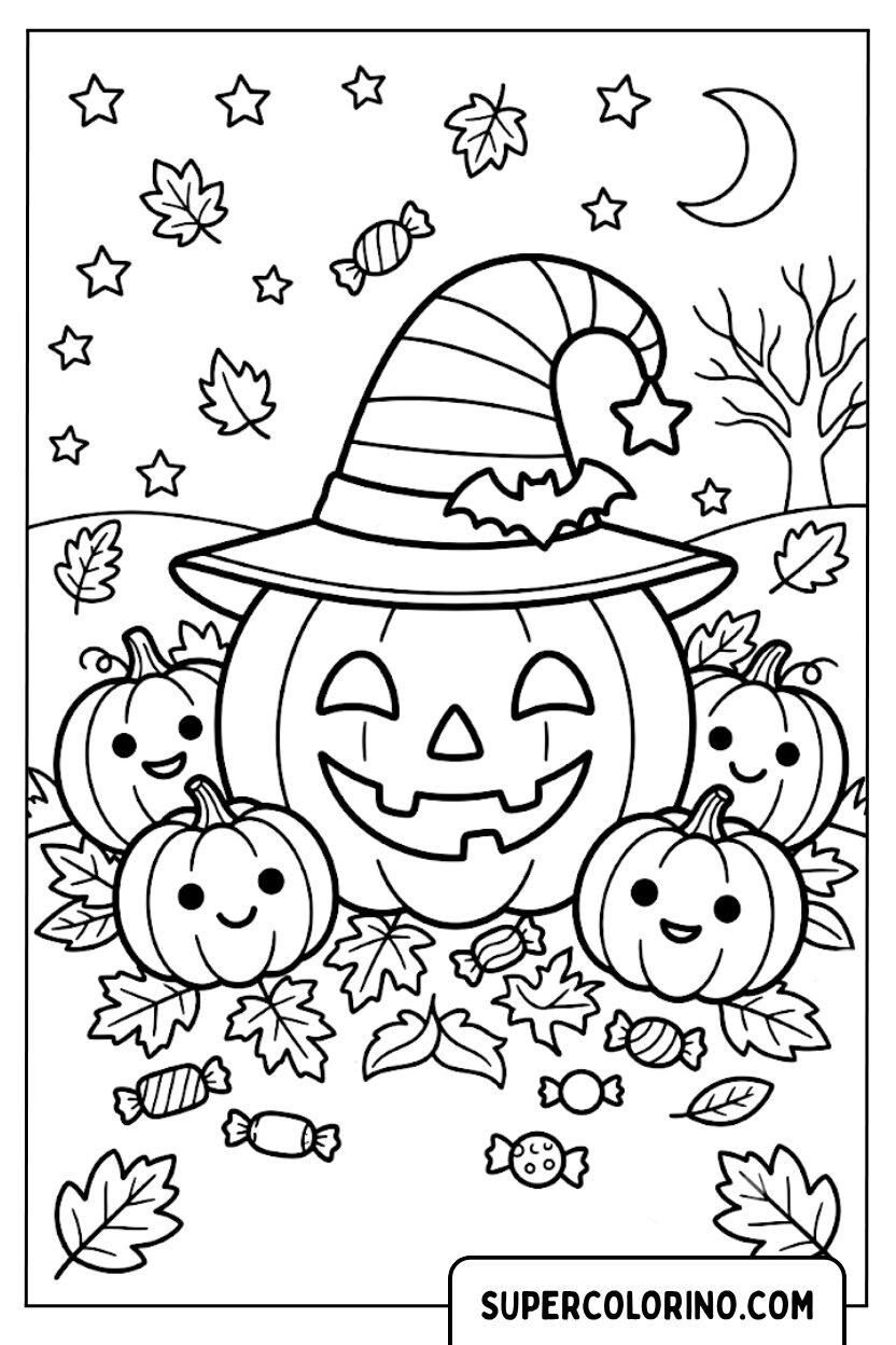 Disegno di una zucca di Halloween con cappello da strega da colorare