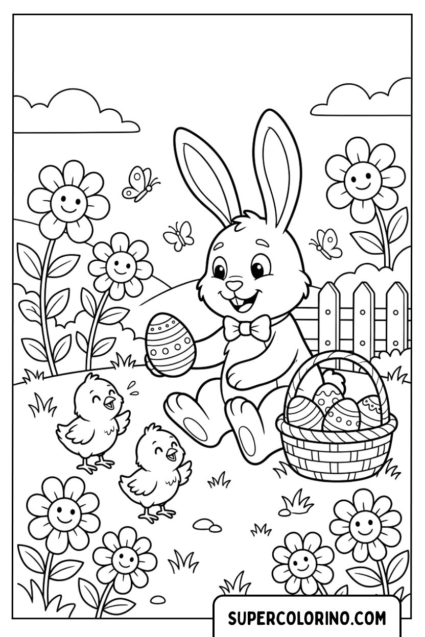 Disegno un simpatico coniglietto pasquale che offre un uovo decorato ai pulcini da colorare