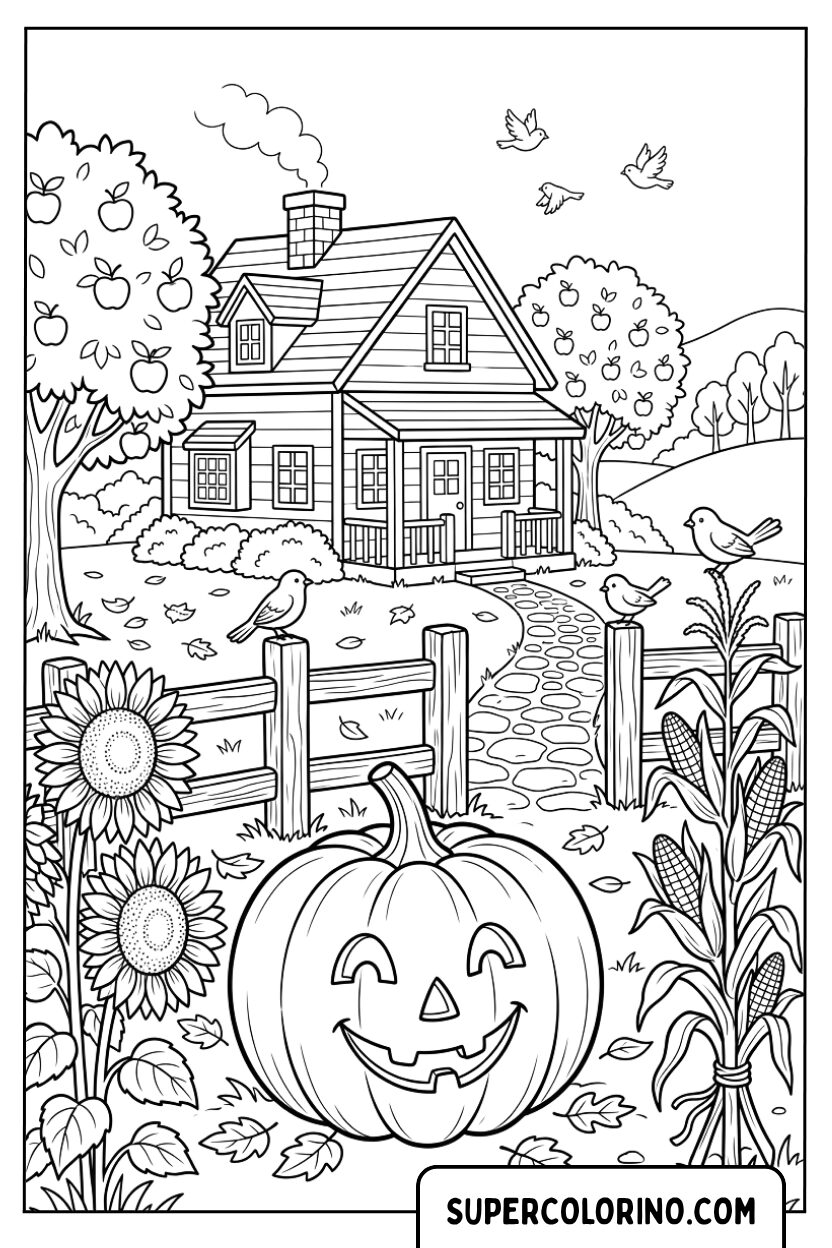 Disegno zucca di Halloween davanti alla casa da colorare