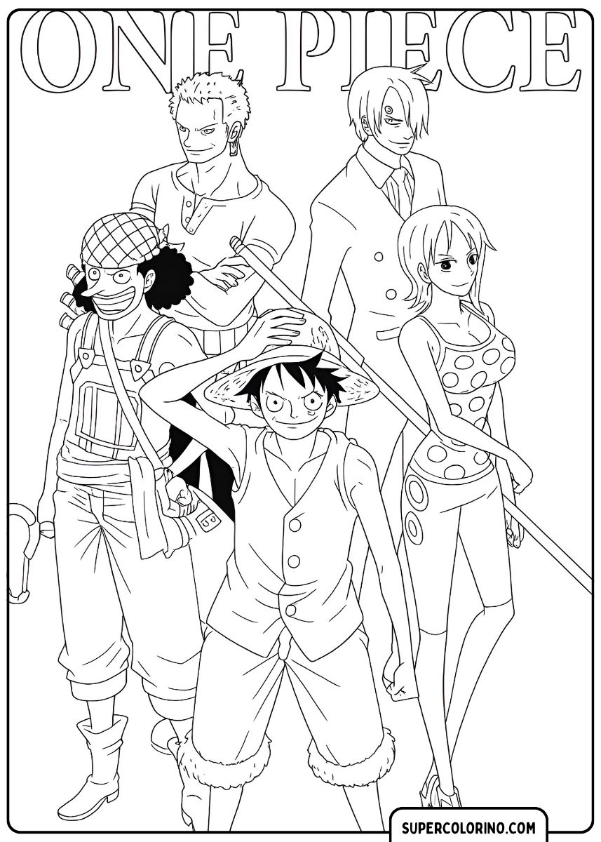 Image à colorier : Les cinq pirates au chapeau de paille originaux : Luffy, Zoro, Nami, Usopp et Sanji. Le mot « ONE PIECE » est en haut.