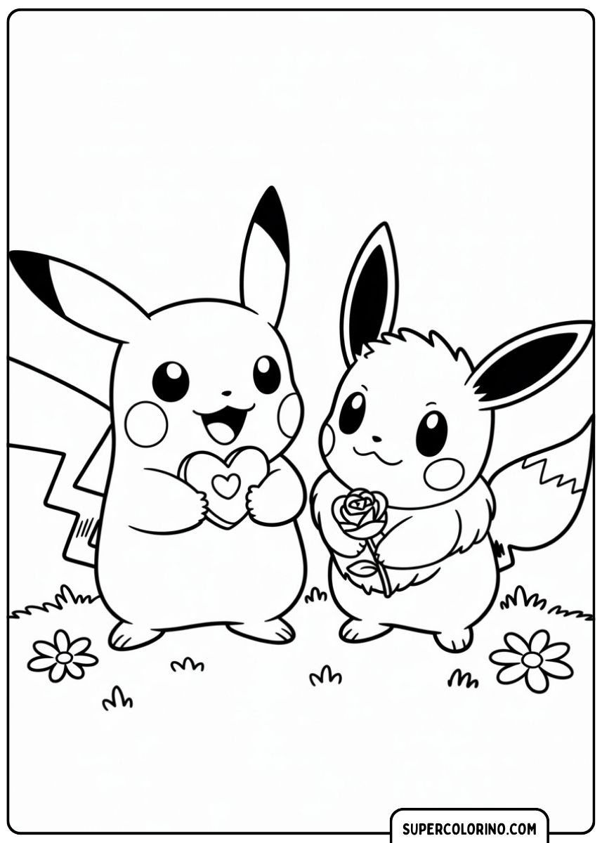 Malvorlage von Pikachu mit Herz und Evoli mit Rose.