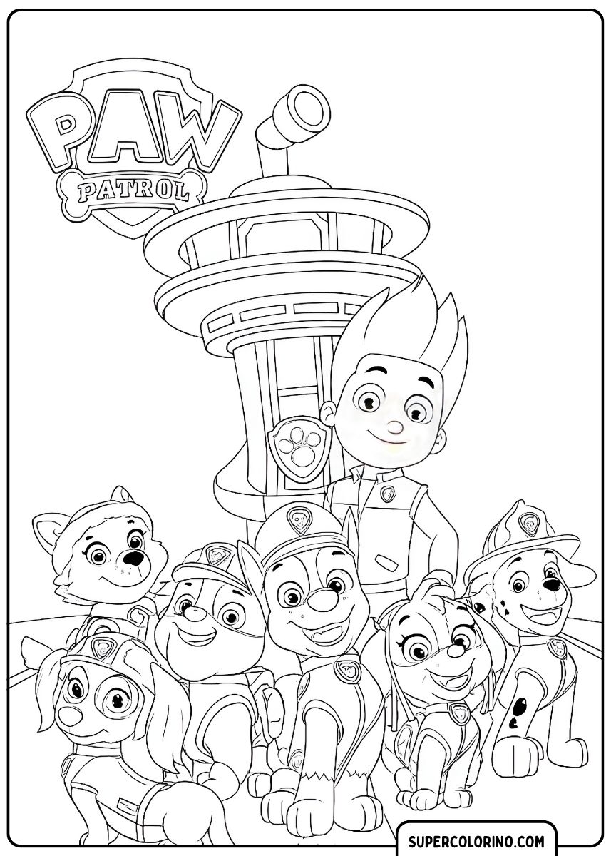 Coloriage PAW Patrol : Ryder et sept chiots devant le centre de contrôle.