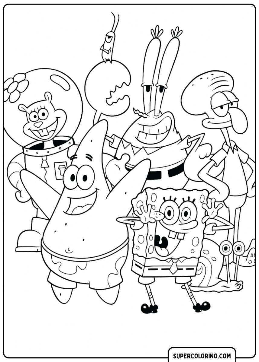 Alle SpongeBob-Charaktere in Gruppenpose, einschließlich Sandy, Mr. Krabs und Thaddäus.