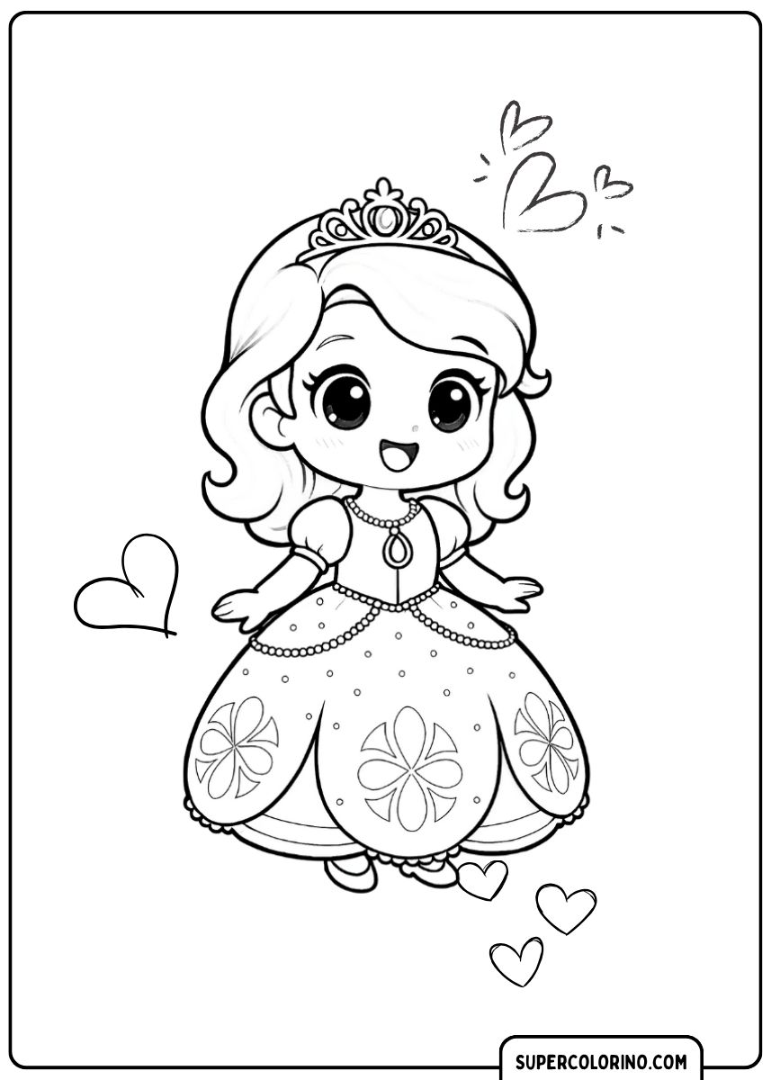 Image à colorier d'une princesse chibi avec diadème, longue robe fleurie et collier de perles.