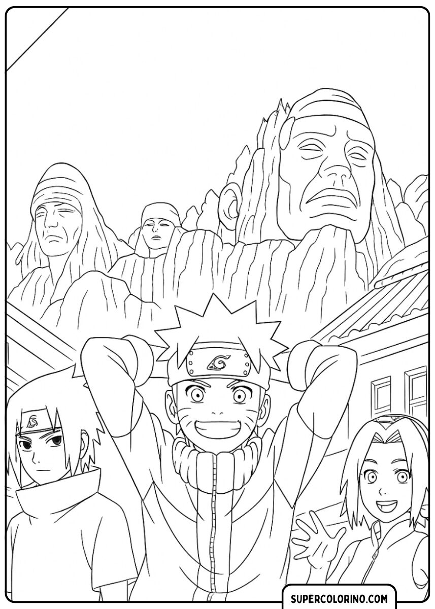 Ausmalbild von Naruto, Sasuke und Sakura vor den Gesichtern des Hokage.