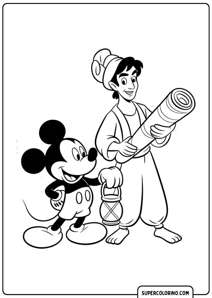 Image à colorier : Mickey Mouse et Aladdin avec un parchemin et une lanterne.