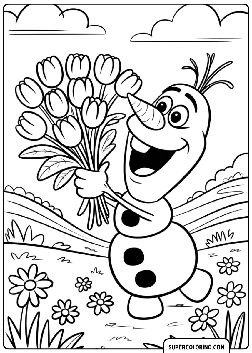 Coloriage Olaf le bonhomme de neige tient un grand bouquet de tulipes dans un pré fleuri