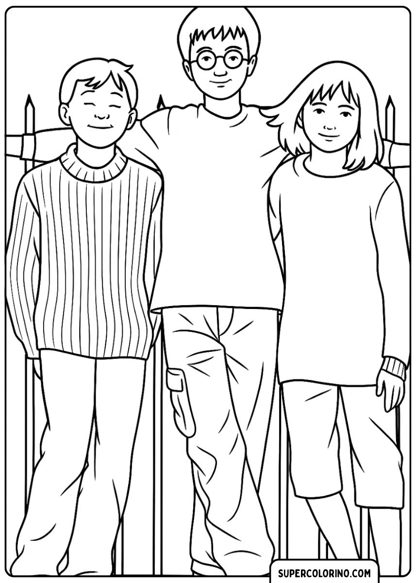 Harry, Ron et Hermione en civil devant un portail.