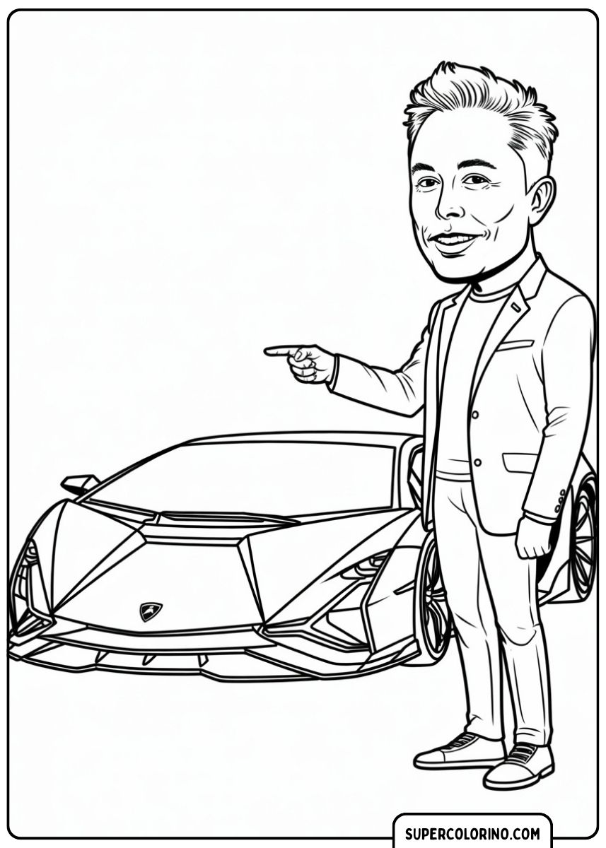 Immagine da colorare dell'imprenditore Elon Musk che indica una Lamborghini futuristica (simile a Sesto Elemento/Sián).