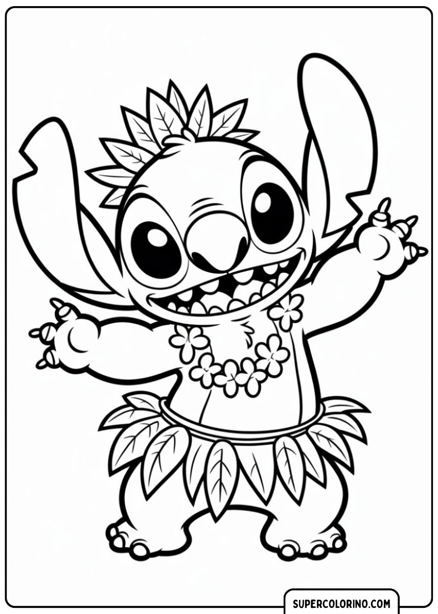 Stitch danst de Hula in een bloemenketting en bladrok.