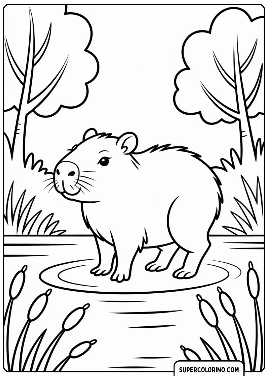 Malvorlage: Capybara steht im seichten Wasser eines Teichs oder Flusses, umgeben von Schilf.