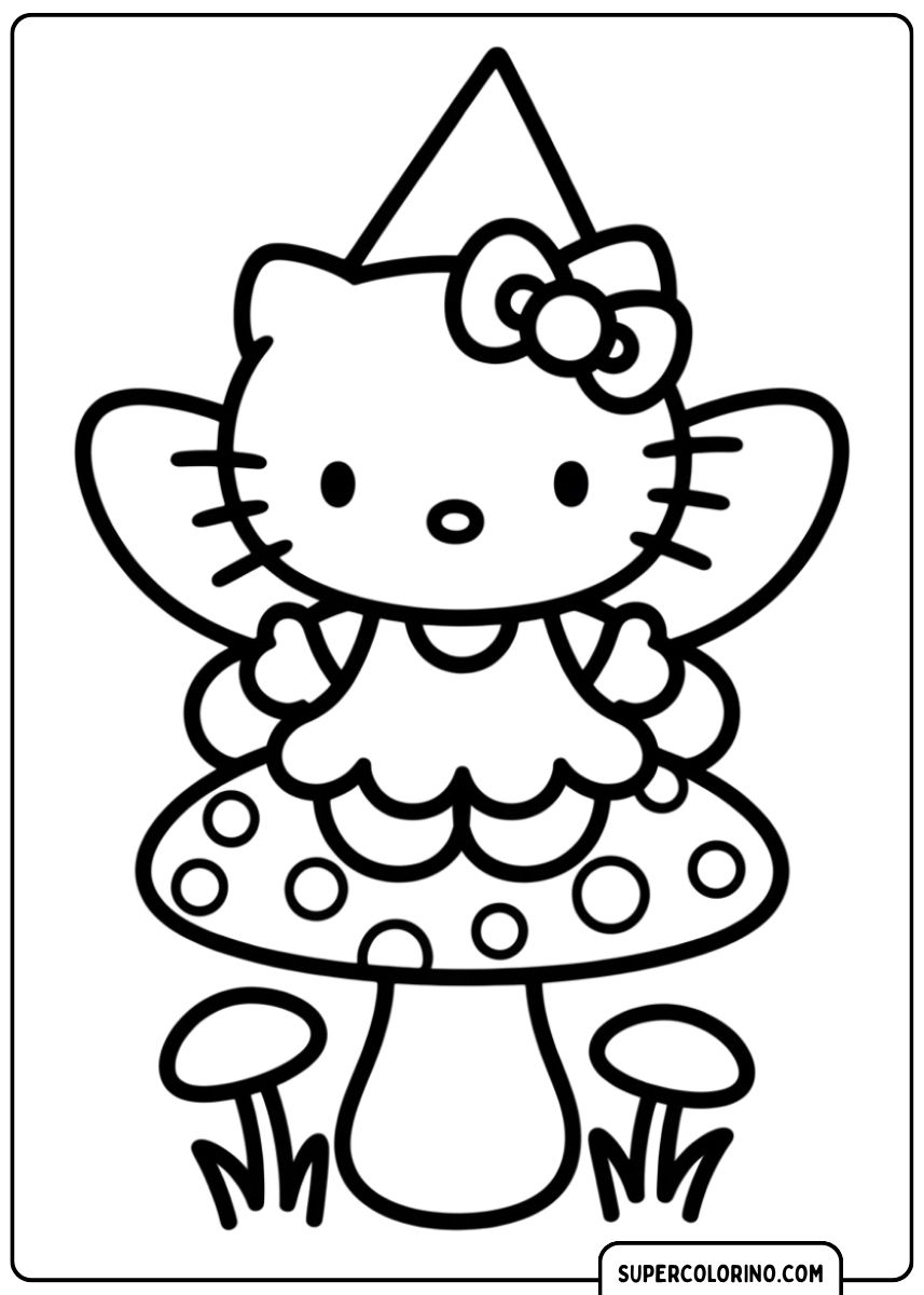 Kleurplaat van Hello Kitty verkleed als fee op een paddenstoel, met vleugels en een puntmuts.