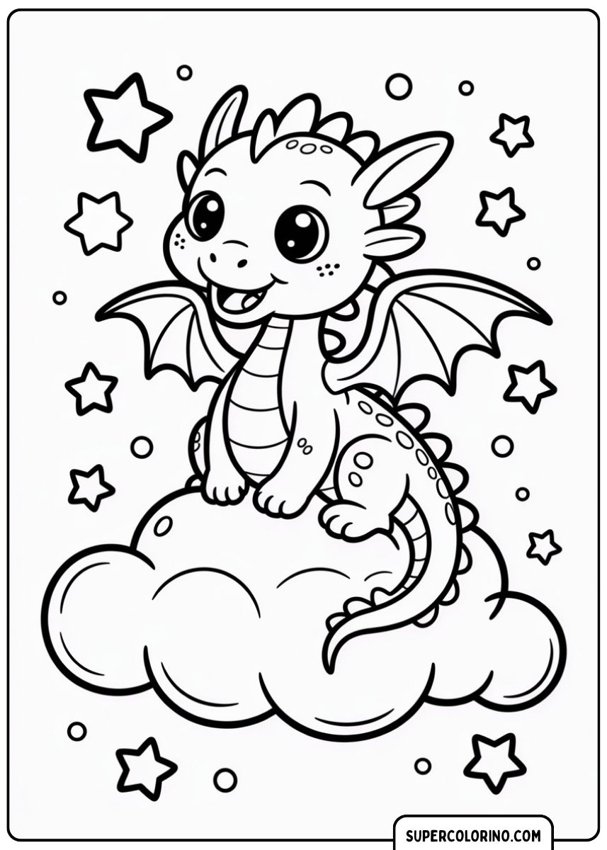 Ein süßer Babydrache mit Flügeln sitzt glücklich auf einer Wolke, umgeben von Sternen.