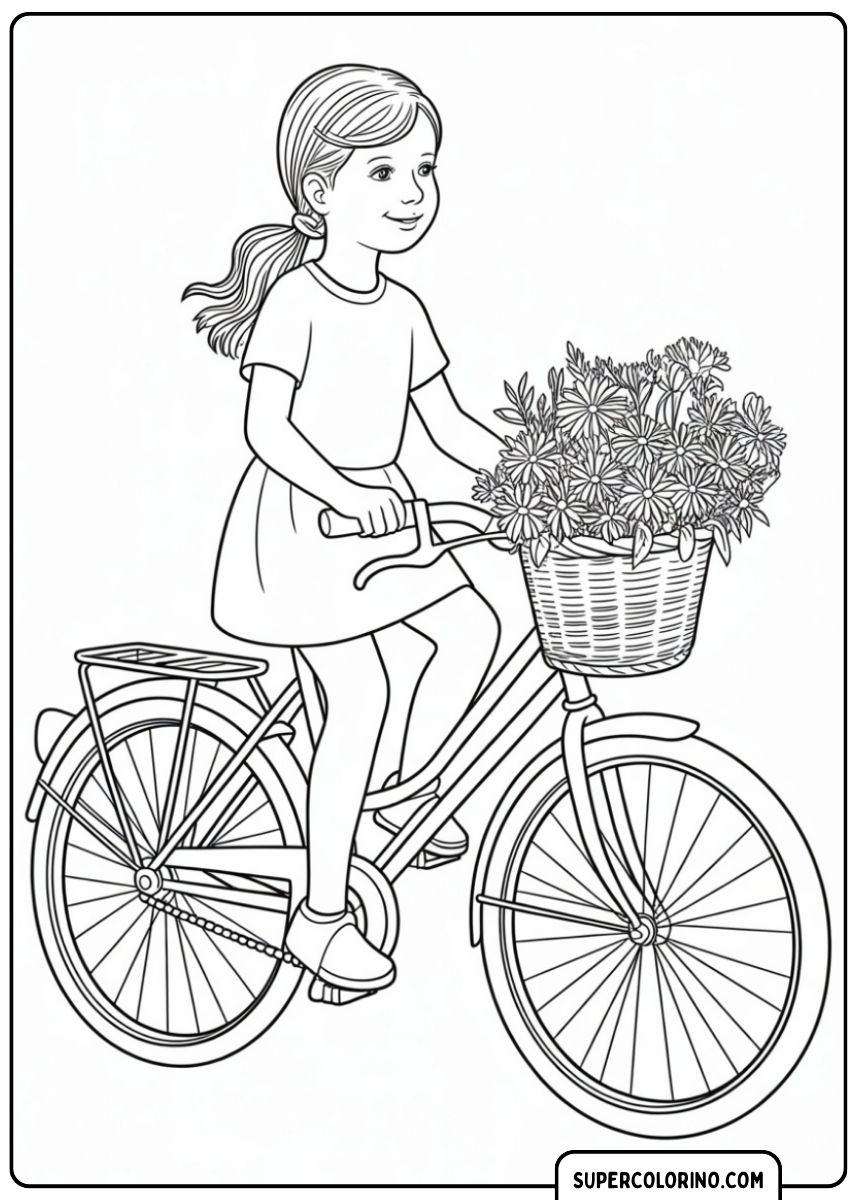 Ausmalbild: Ein Mädchen auf einem Fahrrad mit einem Korb voller Blumen.