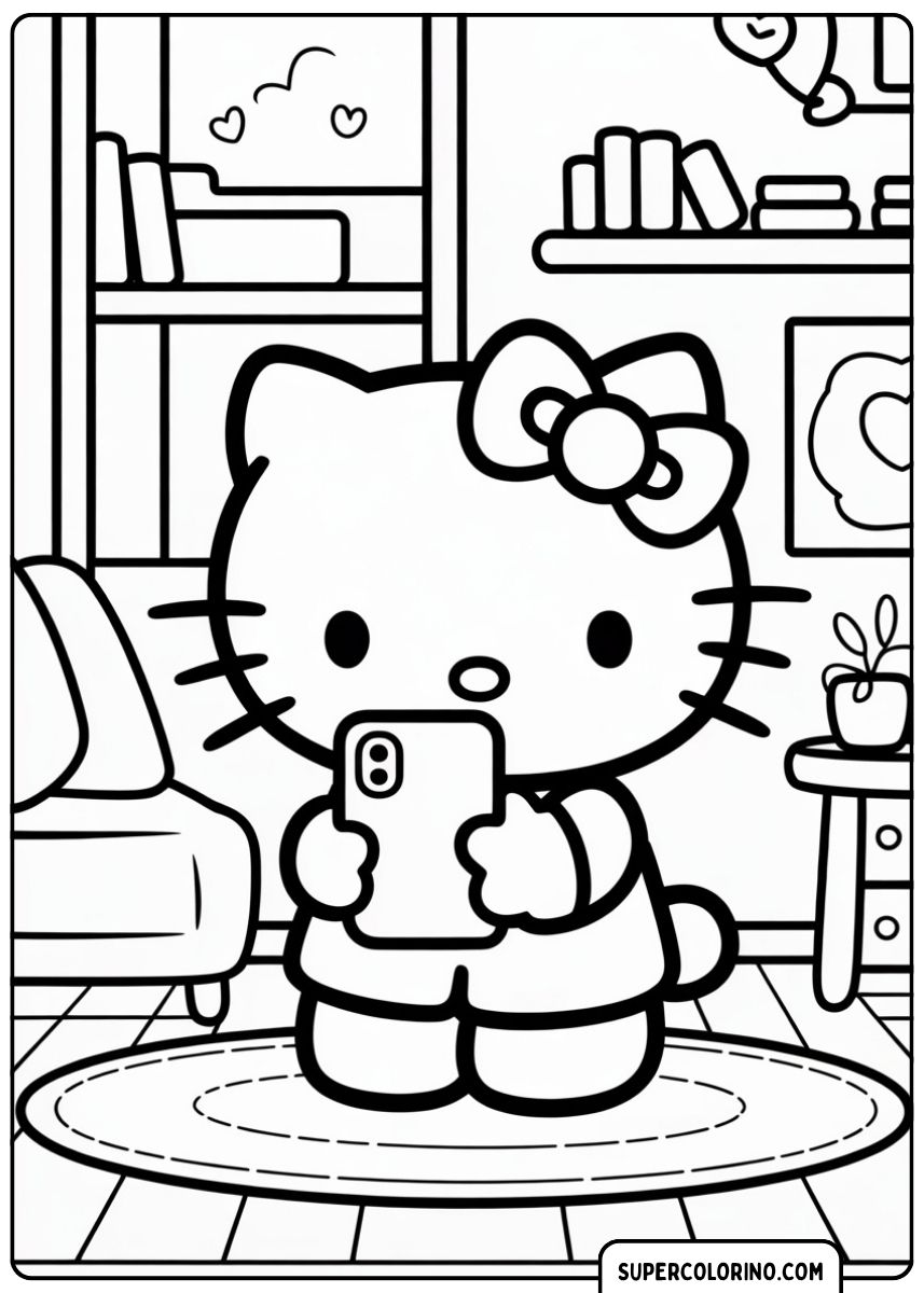 Hello Kitty macht ein Selfie mit einem Smartphone in einem gemütlichen Wohnzimmer.