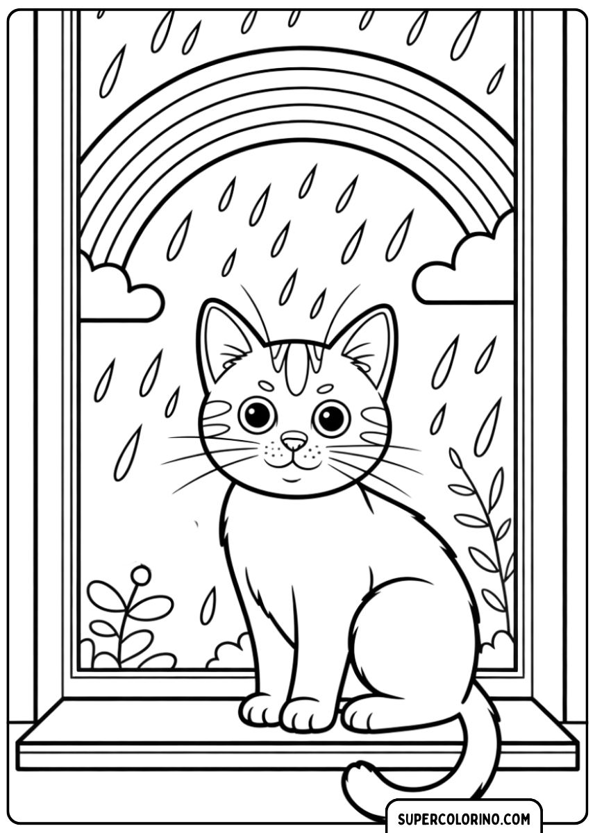 Coloriage d'un chat assis sur le rebord de la fenêtre regardant la pluie et un arc-en-ciel.