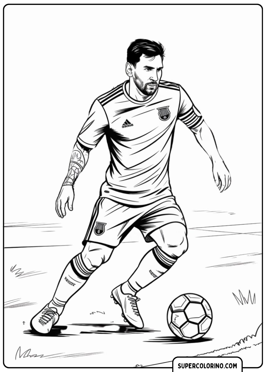 Kleurplaat van Lionel Messi dribbelend.