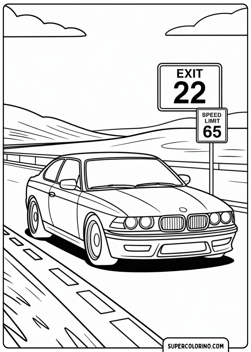 Malvorlage BMW auf der Autobahn: Modernes Coupé (ähnlich E36/E46) auf einer Autobahn mit Geschwindigkeitsbegrenzungen.