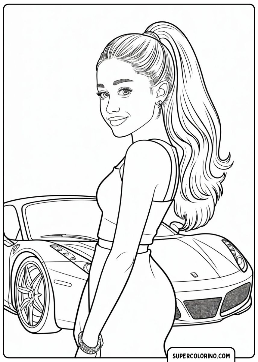 Kleurplaat van een jonge vrouw met een hoge paardenstaart naast een Ferrari-sportwagen (cabriolet).