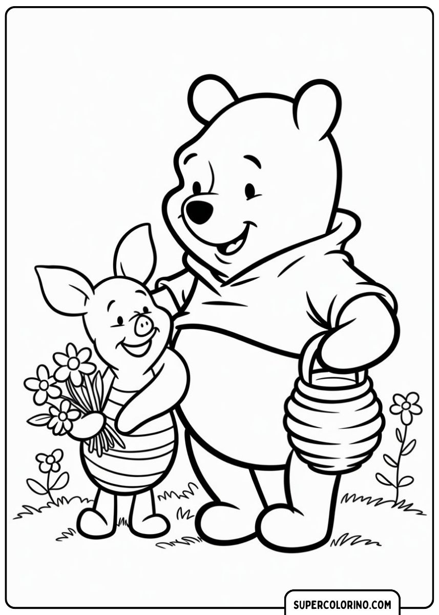 Malvorlage von Winnie the Pooh mit einem Topf Honig und Ferkel mit einem Blumenstrauß.