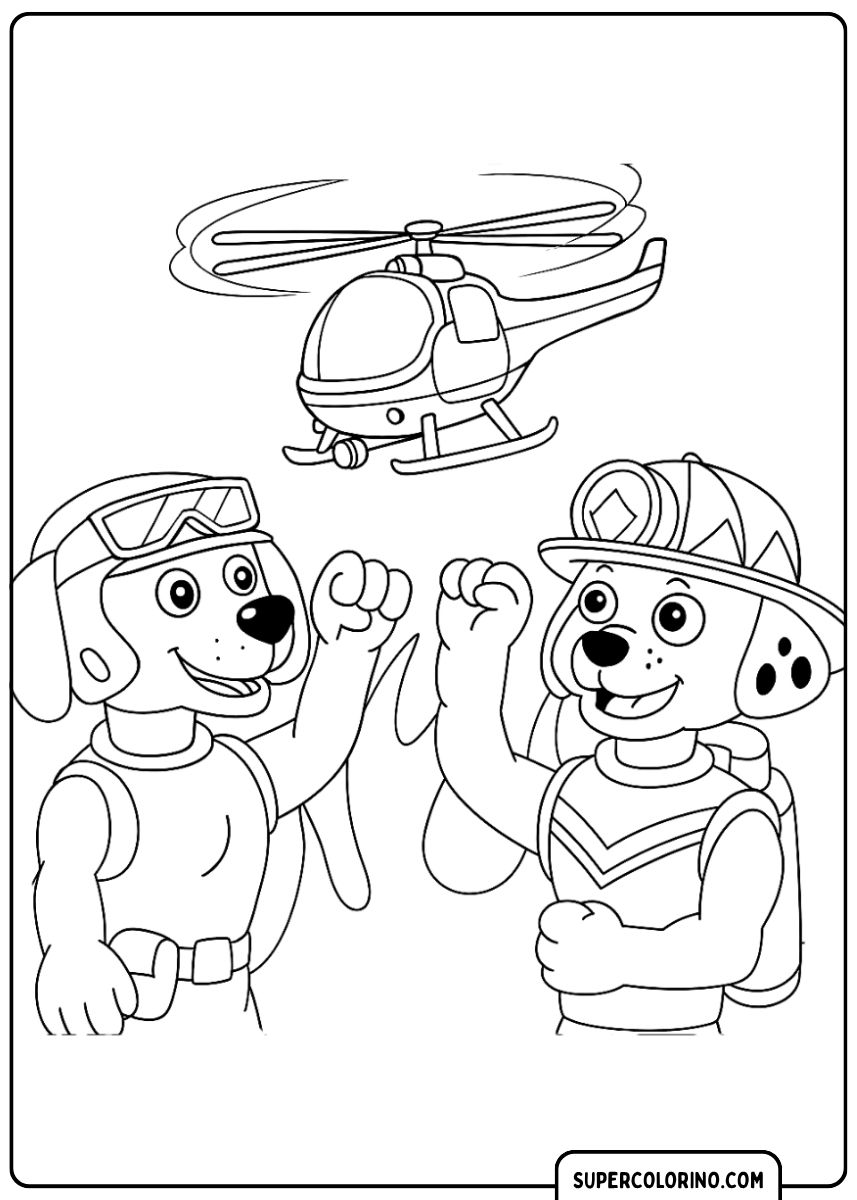 Coloriage PAW Patrol : Marshall et Skye posant avec l'hélicoptère.