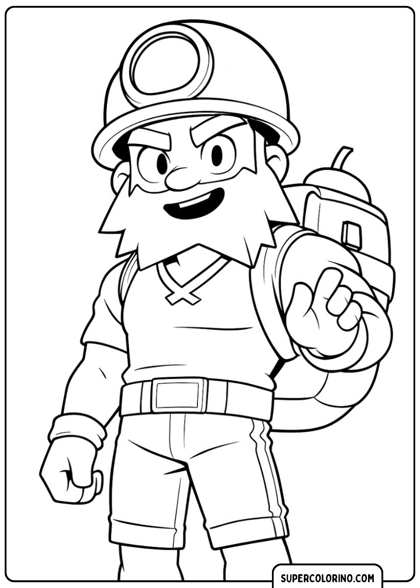 Image à colorier de Dynamike, le lanceur barbu, avec son casque de mineur et son sac à dos rempli de dynamite.