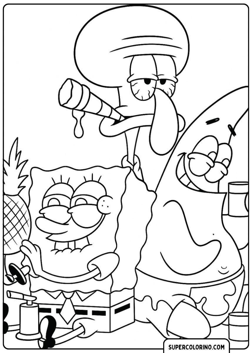 SpongeBob und Patrick sind glücklich, während Thaddäus durch ein Fernglas schaut und sich ärgert.