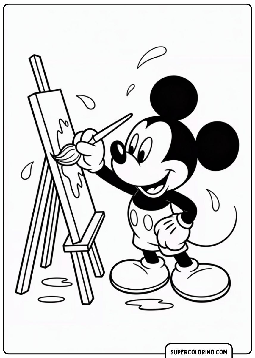 Coloriage : Mickey Mouse peignant au pinceau sur un chevalet.