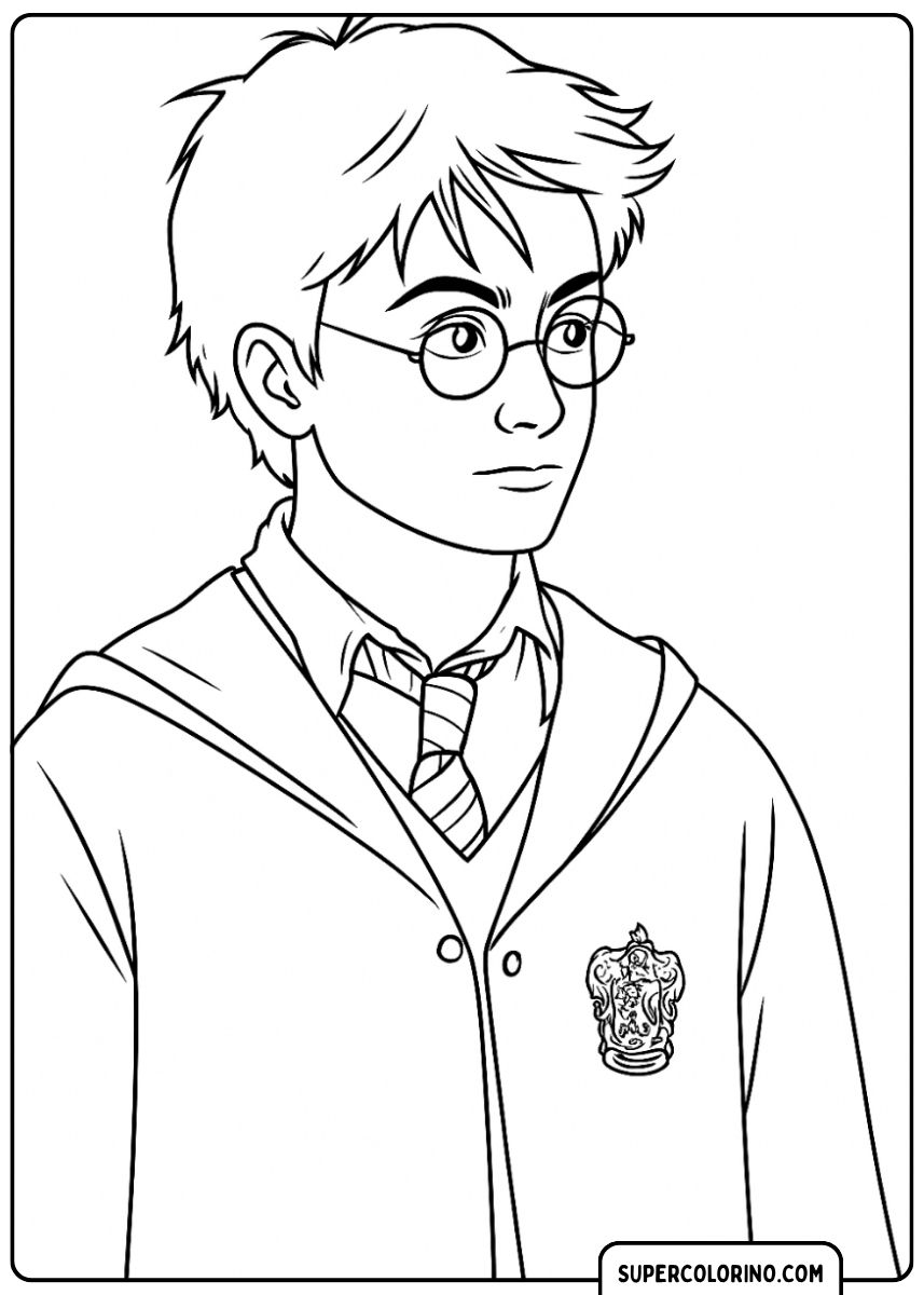 Gros plan d'Harry Potter dans sa cape de Poudlard.