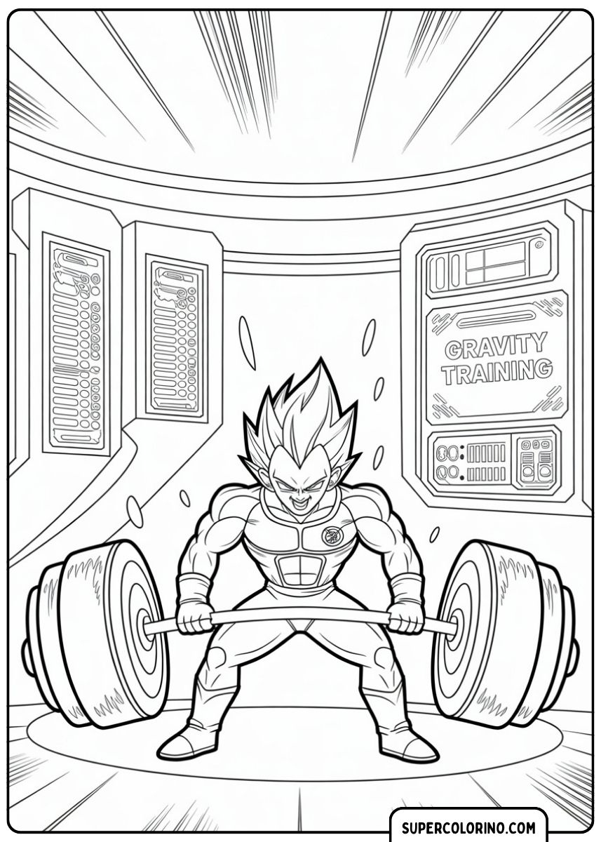Kleurplaat van Vegeta in zijn ruimtecapsulepantser die extreem gewicht tilt in "GRAVITY TRAINING".