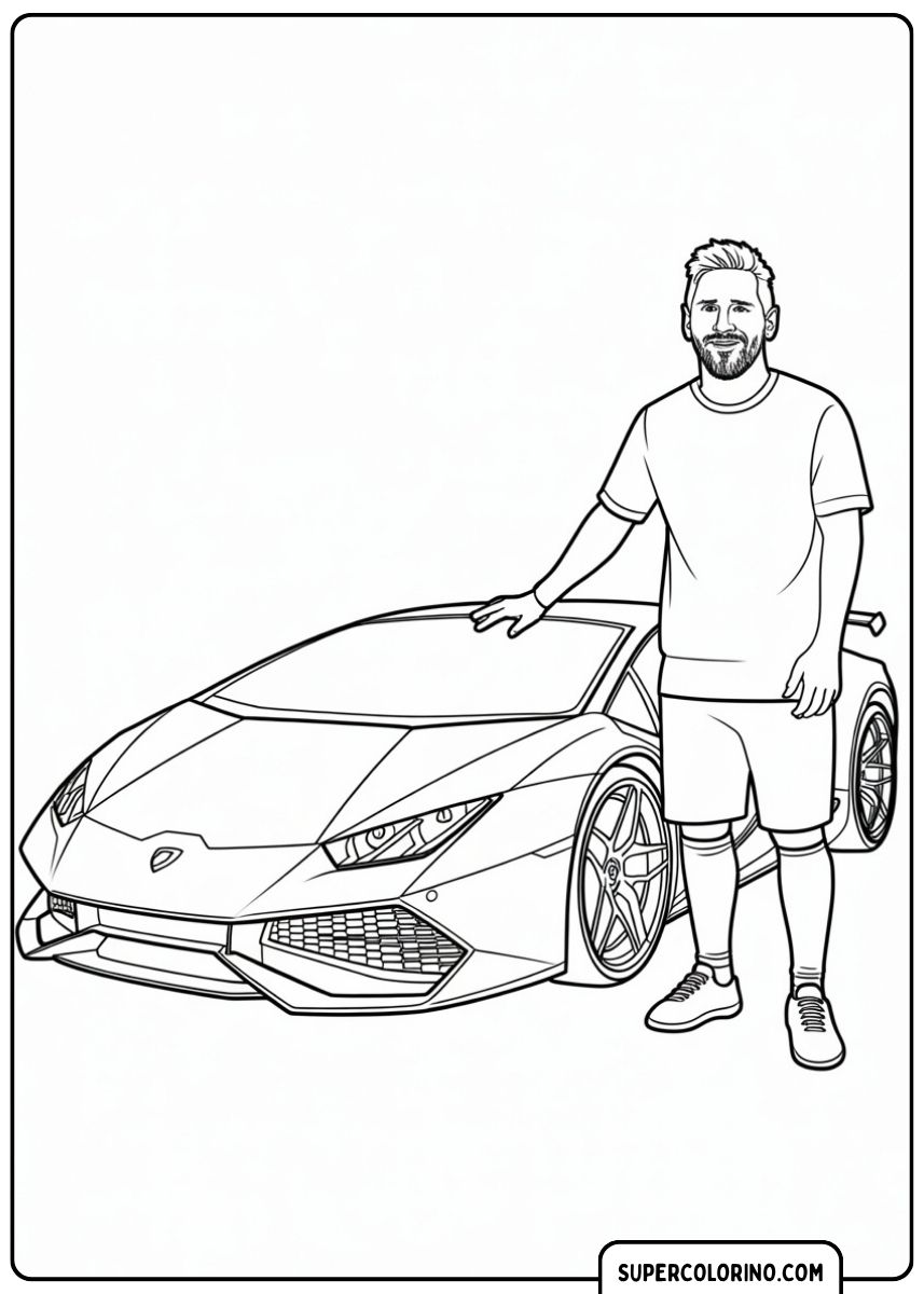 Immagine da colorare della superstar del calcio Lionel Messi appoggiato a una Lamborghini Huracán.