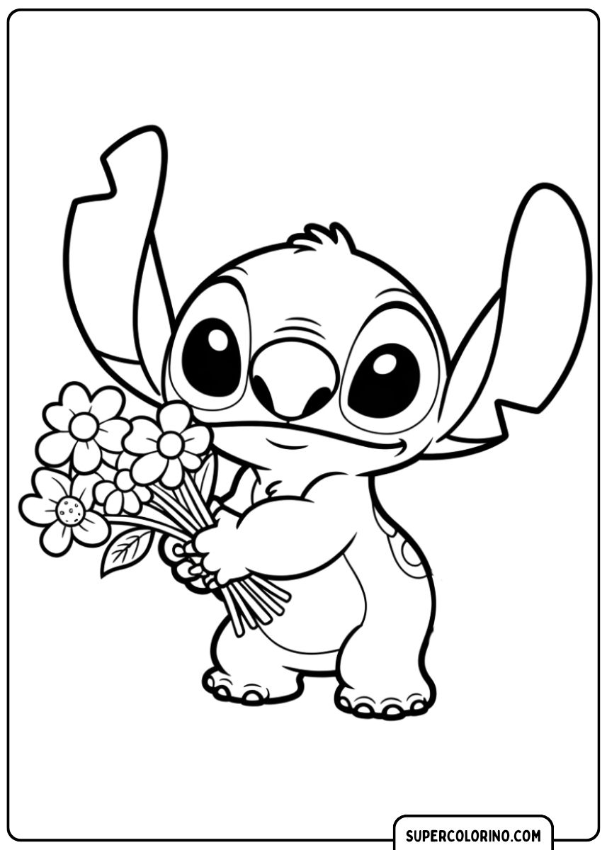 Stitch houdt een groot boeket bloemen vast.