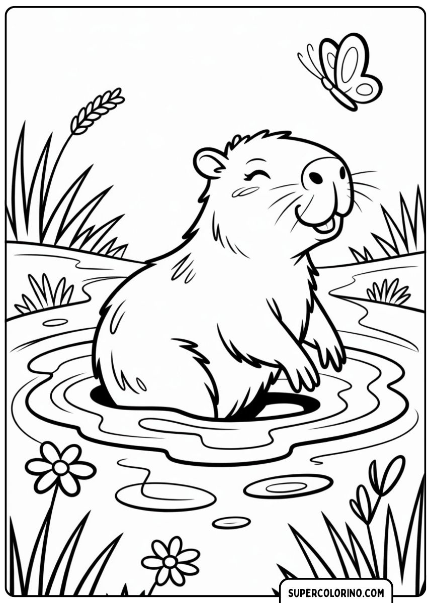 Malvorlage: Lächelndes Capybara im Wasser, das einen Schmetterling betrachtet, umgeben von Blumen.