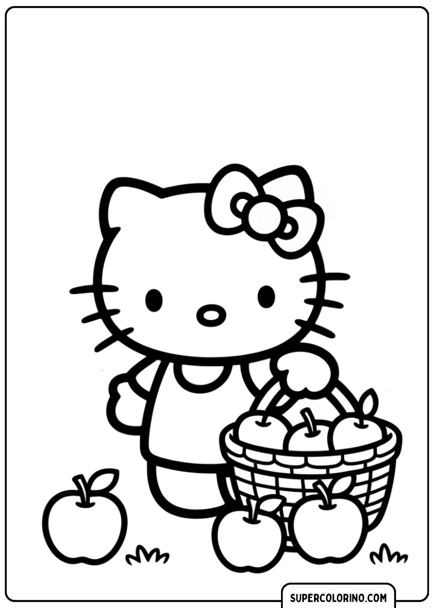 Kleurplaat van Hello Kitty die een rieten mand vol appels vasthoudt, met nog meer appels op het gras.