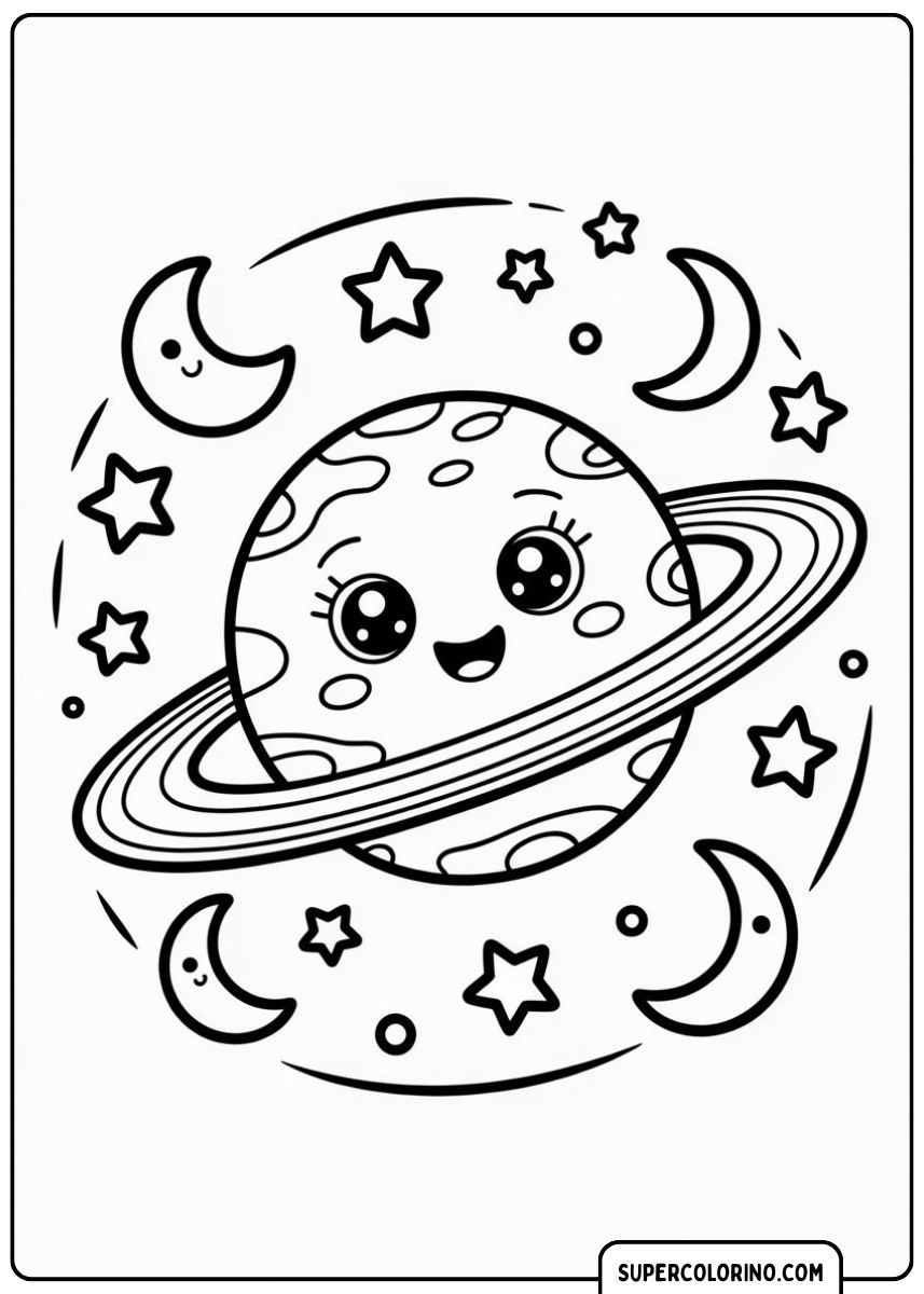 Ein Kawaii-Planet (Saturn) mit Gesicht und Ringen, umgeben von lächelnden Monden und Sternen.