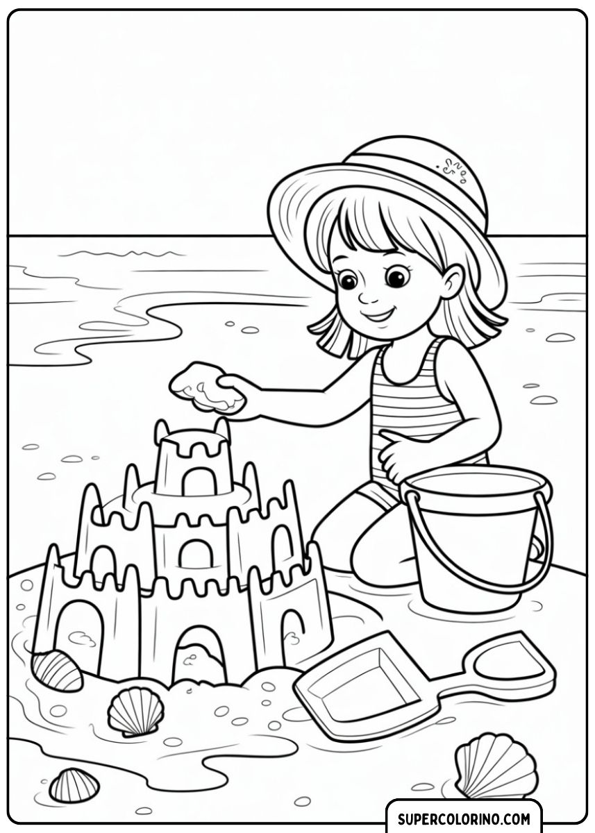 Ausmalbild: Ein kleines Mädchen baut am Strand eine Sandburg.
