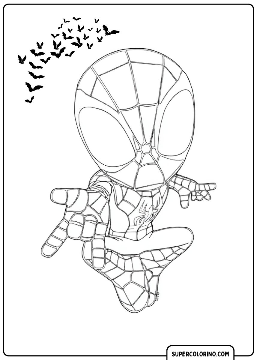 Malvorlage eines Chibi-Spideys in Netzschleuder-Pose mit ausgestreckter Hand.