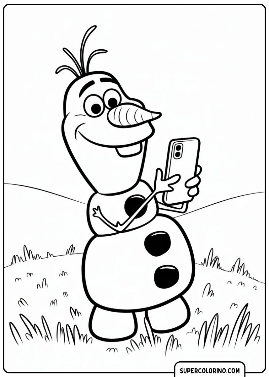 Olaf, der Schneemann aus Frozen, macht ein Selfie mit einem Smartphone.