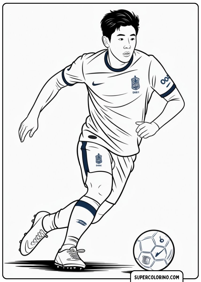 Kleurplaat van Son Heung-min die met de bal rent, gekleed in het Zuid-Koreaanse shirt.