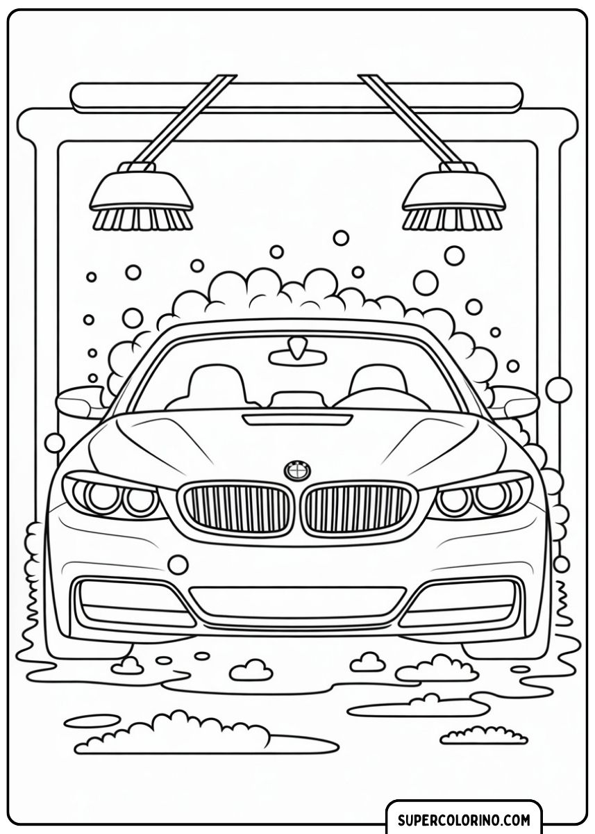 Malvorlage BMW in der Waschanlage: Moderner BMW (ähnlich M4) im Vordergrund, mit Schaum und Bürsten.