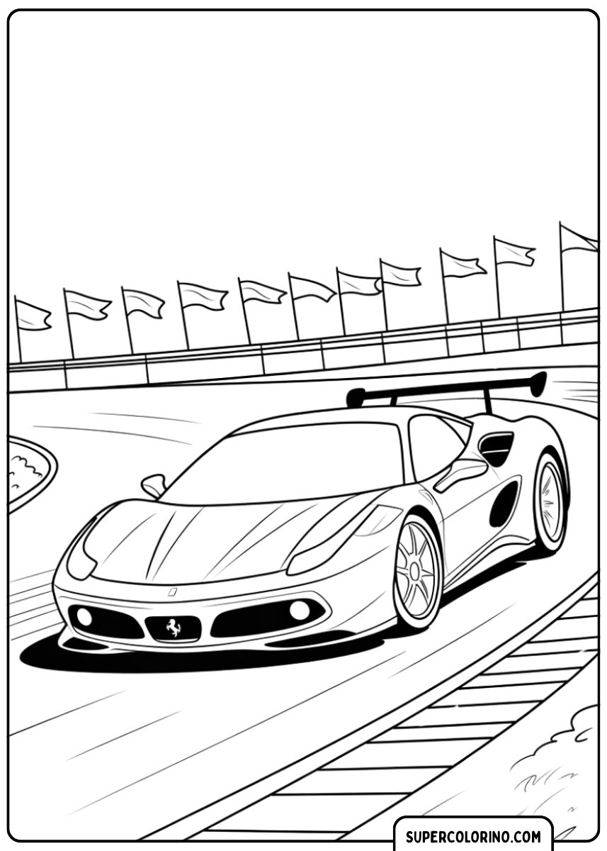 Kleurplaat van een racende Ferrari (vergelijkbaar met de 458 Challenge) met grote vleugel, op een baan met geblokte vlaggen.