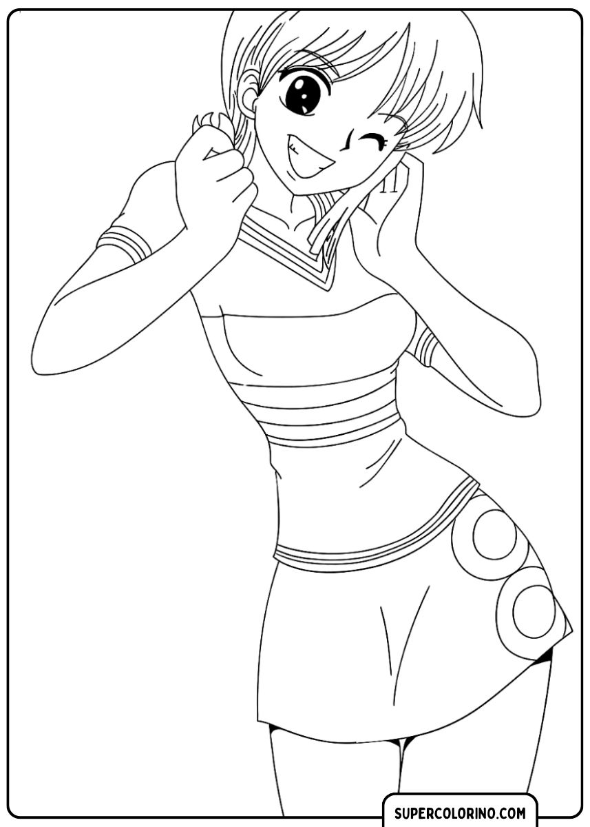 Image à colorier : Nami en jupe et t-shirt, riant et faisant un clin d'œil joyeusement.