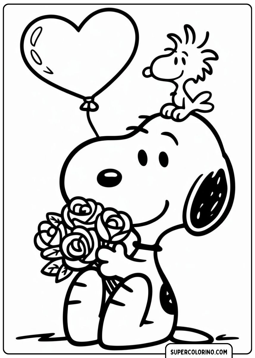 Malvorlage von Snoopy mit einem Blumenstrauß und Woodstock mit einem Herzballon.
