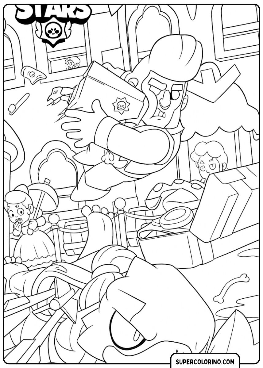 Image à colorier détaillée : Colt trébuche sur le pied de Piper et El Primo au milieu du chaos.