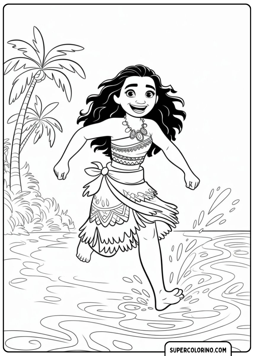 Image à colorier : Moana sort de l’eau en courant et s’éclabousse sur la plage.