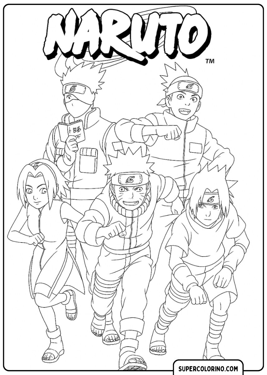 Farbbild von Team 7 und zwei Kakashi-Figuren, die zusammenlaufen, mit dem NARUTO-Logo.