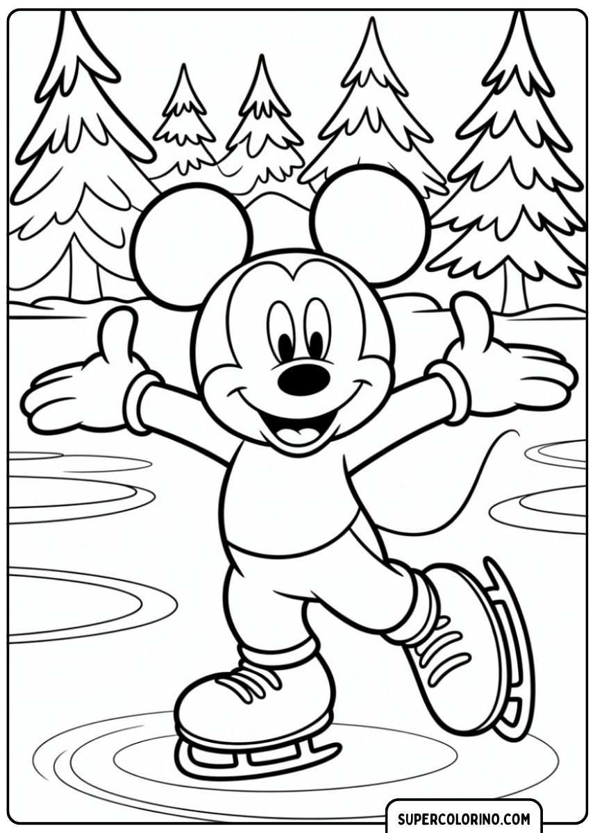 Image à colorier : Mickey Mouse patinant sur glace dans une forêt de sapins.